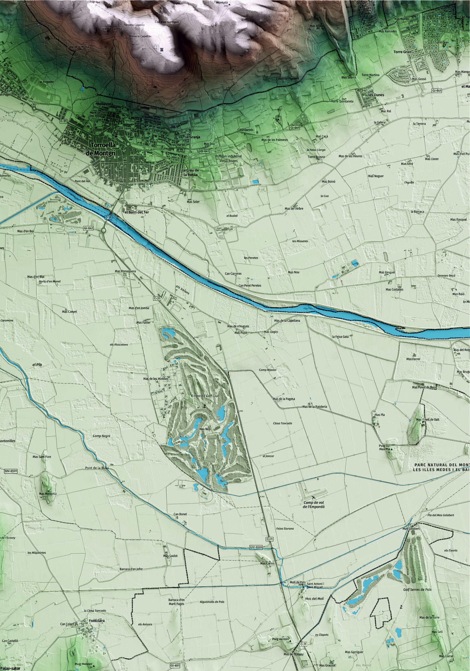 Mapa artístico del relieve de Palau-sator, al Baix Empordà, con 15 km de entorno y base topográfica ICGC. Detalle de la zona superior derecha.