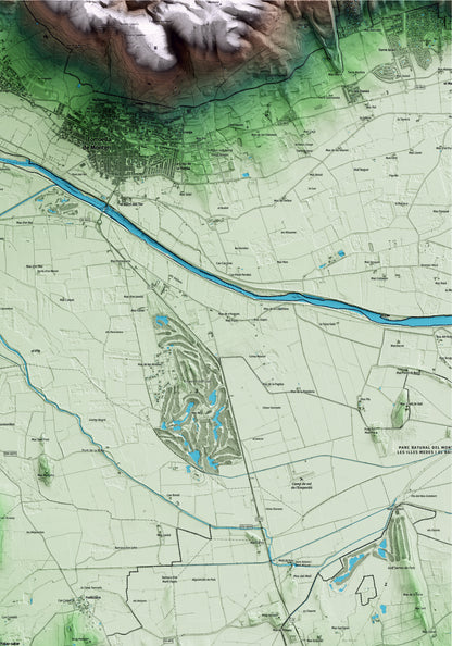 Mapa artístico del relieve de Palau-sator, al Baix Empordà, con 15 km de entorno y base topográfica ICGC. Detalle de la zona superior derecha.