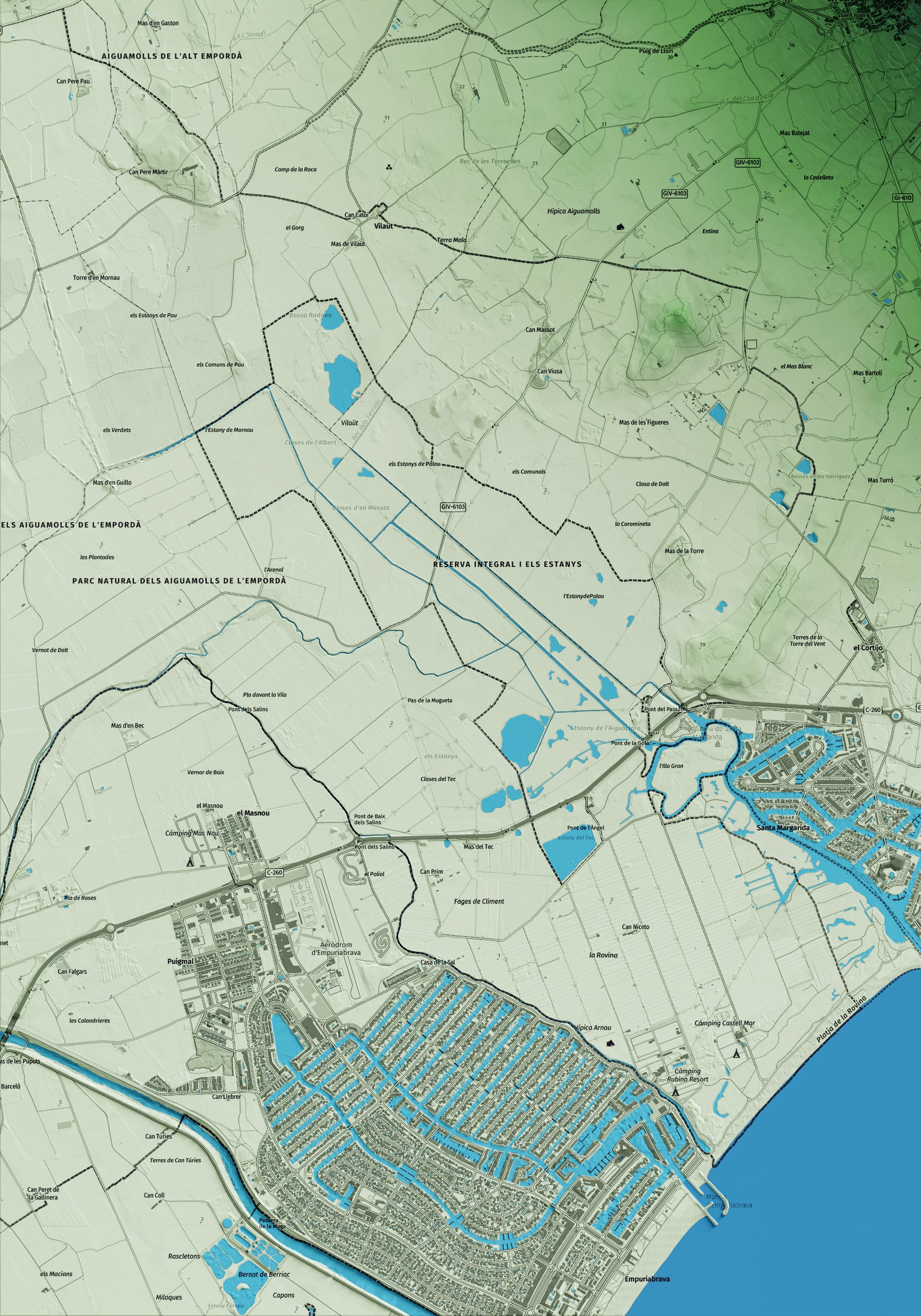 Mapa artístico del relieve de Palau-saverdera, al Alt Empordà, con 15 km de entorno y base topográfica ICGC. Detalle de la zona inferior izquierda.