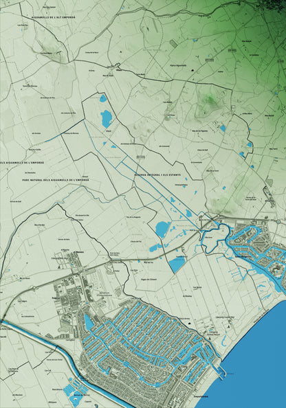 Mapa artístico del relieve de Palau-saverdera, al Alt Empordà, con 15 km de entorno y base topográfica ICGC. Detalle de la zona inferior izquierda.