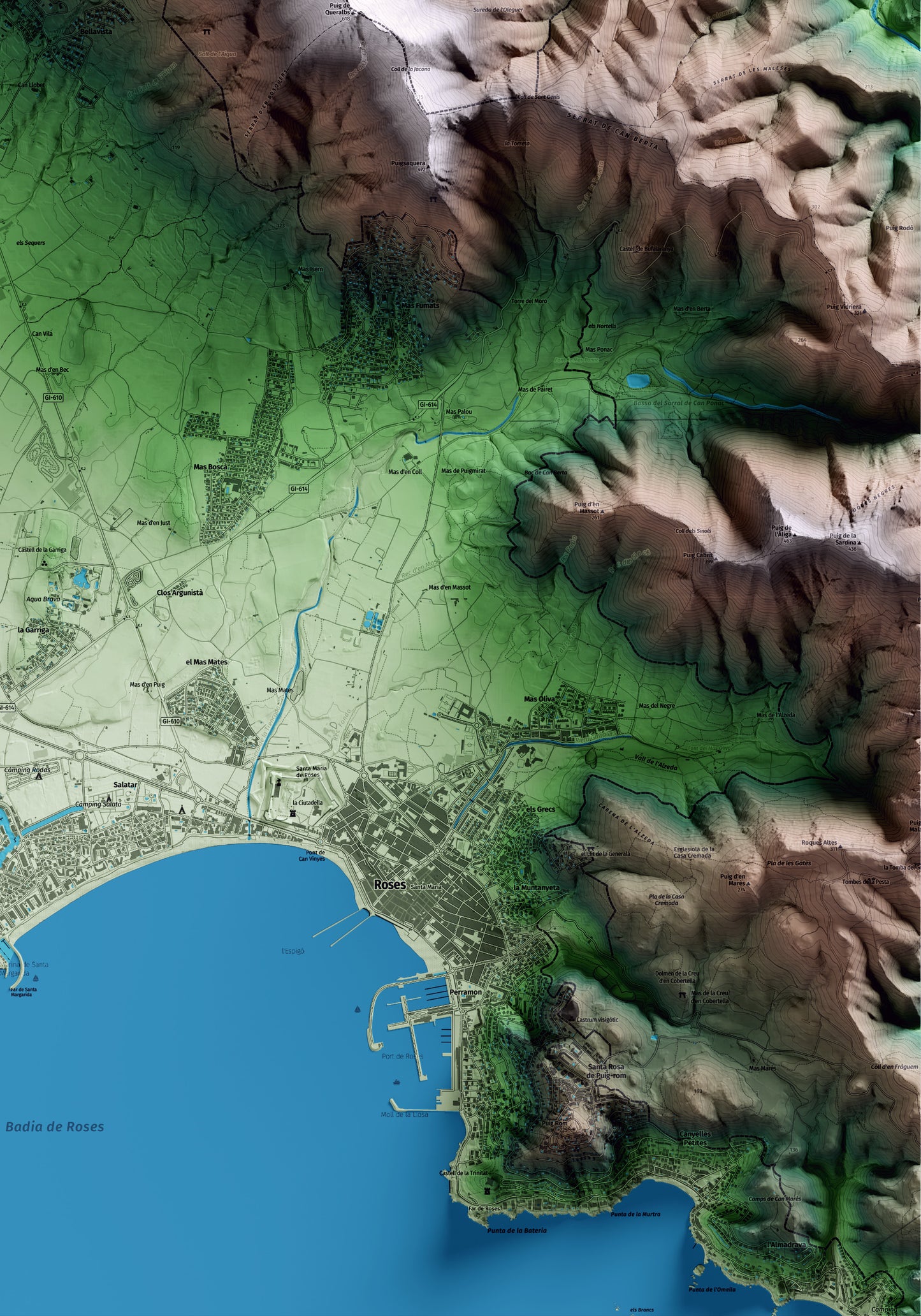 Mapa artístico del relieve de Palau-saverdera, al Alt Empordà, con 15 km de entorno y base topográfica ICGC. Detalle de la zona inferior derecha.