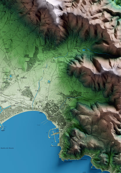 Mapa artístico del relieve de Palau-saverdera, al Alt Empordà, con 15 km de entorno y base topográfica ICGC. Detalle de la zona inferior derecha.