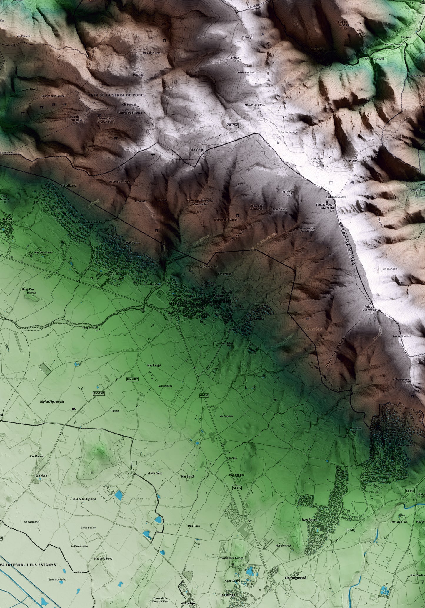 Mapa artístico del relieve de Palau-saverdera, al Alt Empordà, con 15 km de entorno y base topográfica ICGC. Detalle de la zona central.