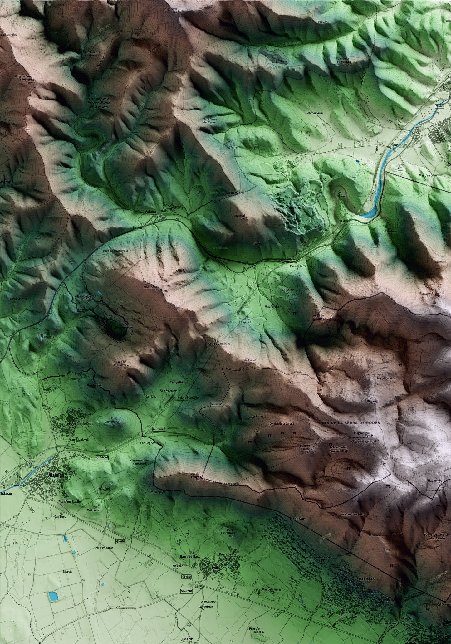 Mapa artístico del relieve de Palau-saverdera, al Alt Empordà, con 15 km de entorno y base topográfica ICGC. Detalle de la zona superior izquierda.