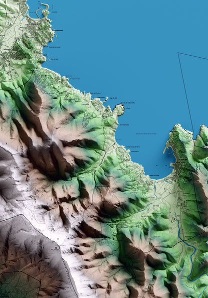 Mapa artístico del relieve de Palau-saverdera, al Alt Empordà, con 15 km de entorno y base topográfica ICGC. Detalle de la zona superior derecha.