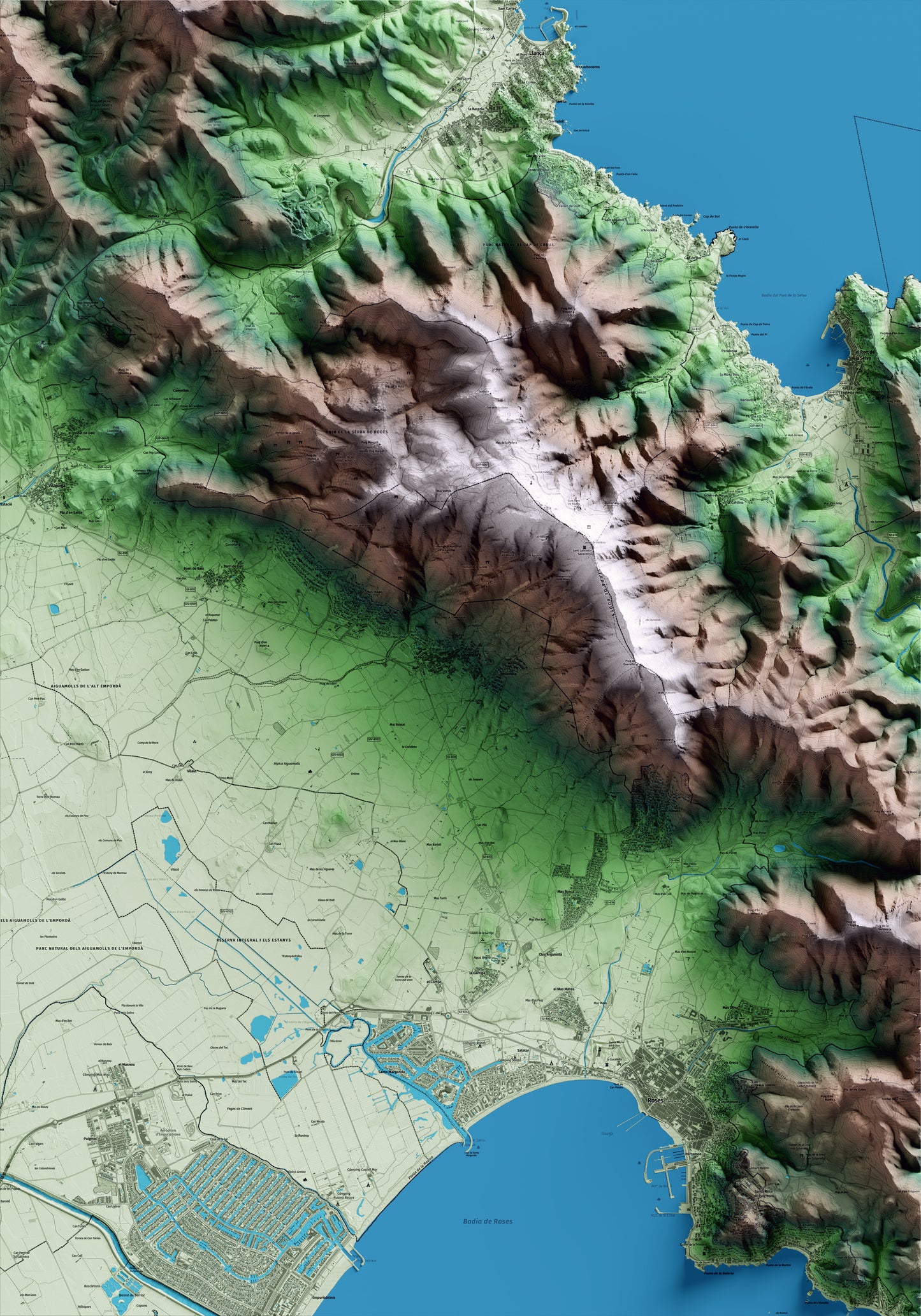 Mapa artístico del relieve de Palau-saverdera, al Alt Empordà, con 15 km de entorno y base topográfica ICGC