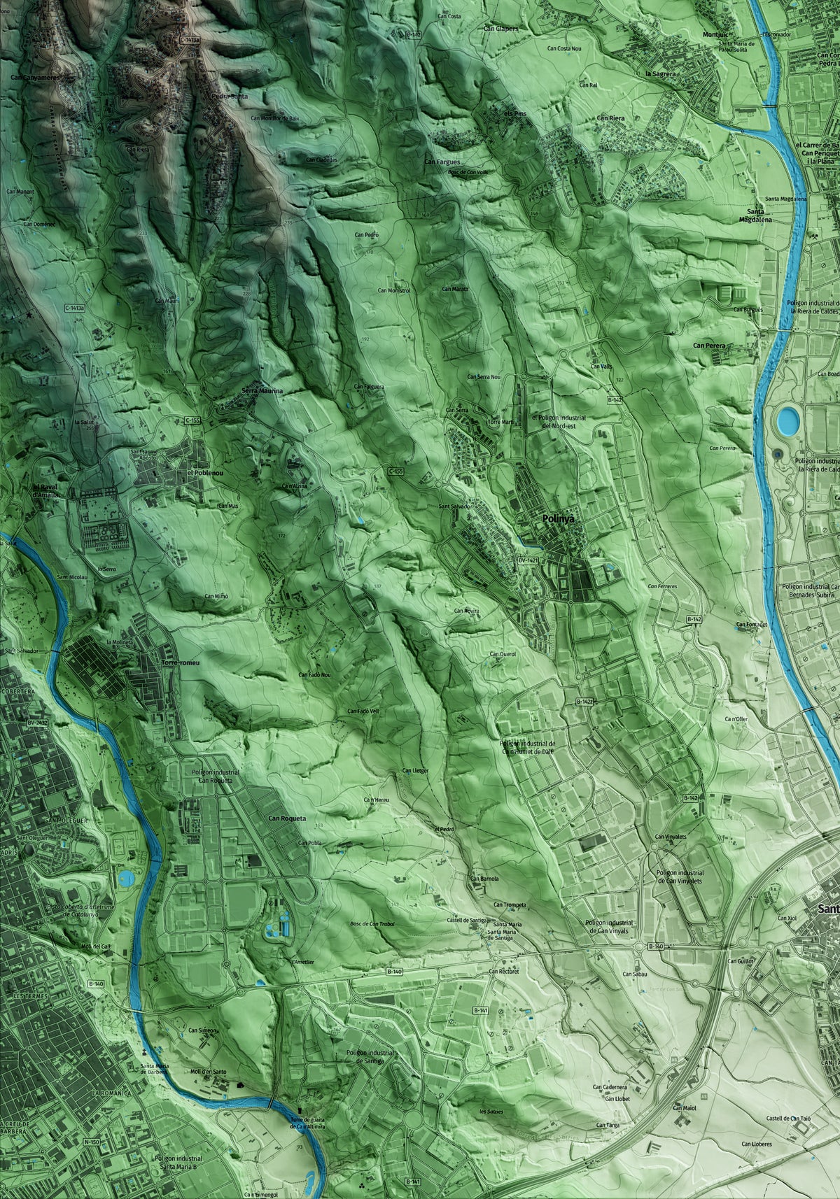 Mapa artístico del relieve de Palau-solità i Plegamans, al Vallès Occidental, con 15 km de entorno y base topográfica ICGC. Detalle de la zona inferior izquierda.