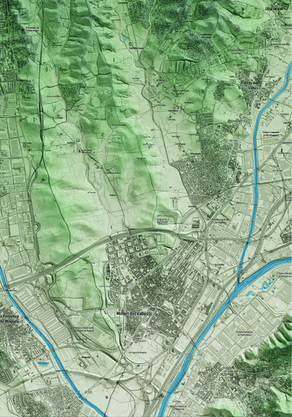 Mapa artístico del relieve de Palau-solità i Plegamans, al Vallès Occidental, con 15 km de entorno y base topográfica ICGC. Detalle de la zona inferior derecha.