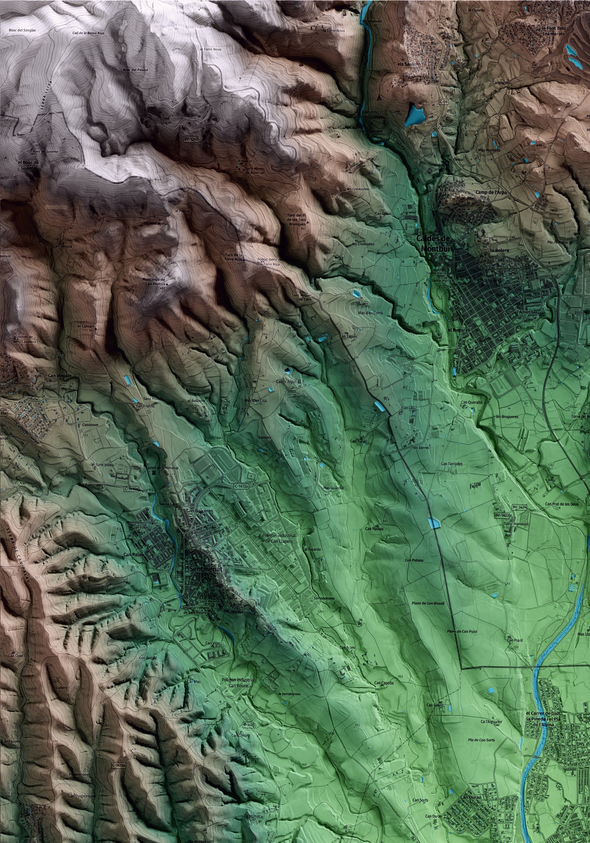 Mapa artístico del relieve de Palau-solità i Plegamans, al Vallès Occidental, con 15 km de entorno y base topográfica ICGC. Detalle de la zona superior izquierda.