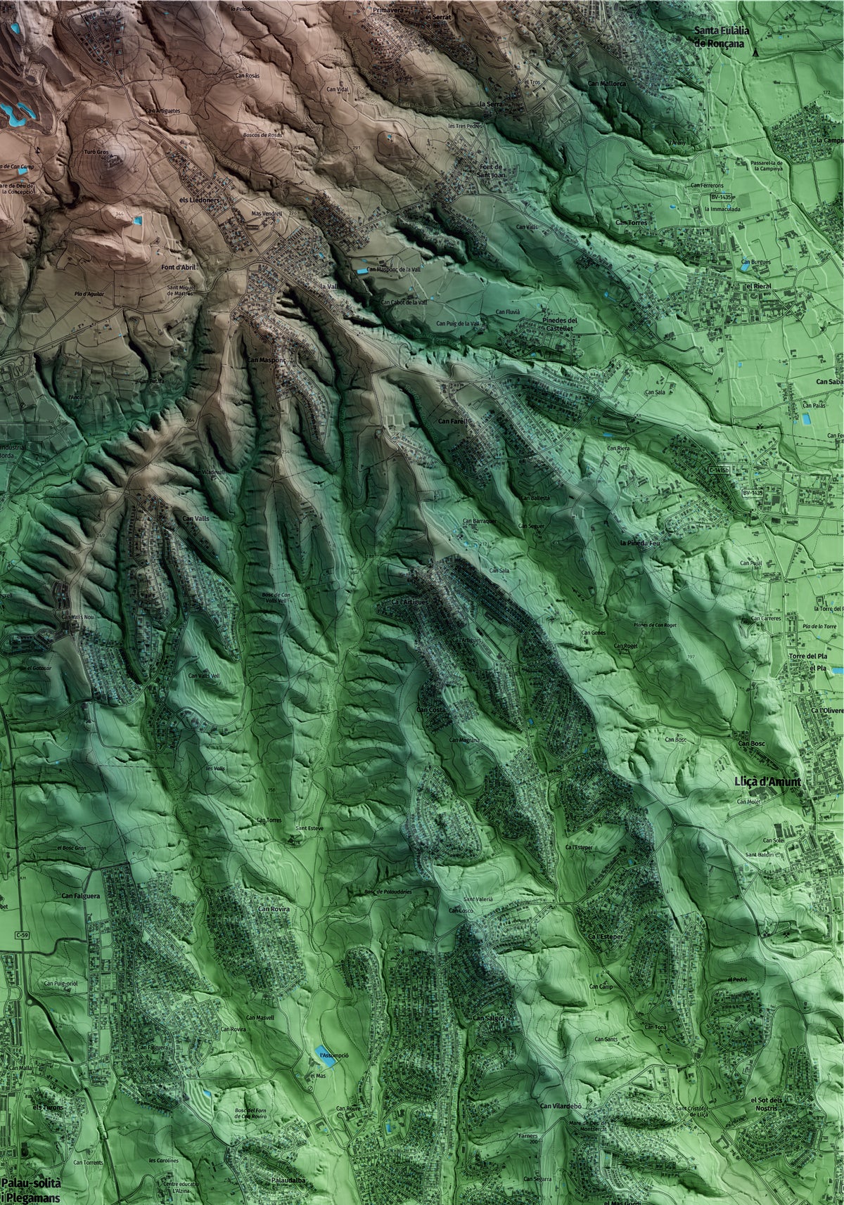 Mapa artístico del relieve de Palau-solità i Plegamans, al Vallès Occidental, con 15 km de entorno y base topográfica ICGC. Detalle de la zona superior derecha.