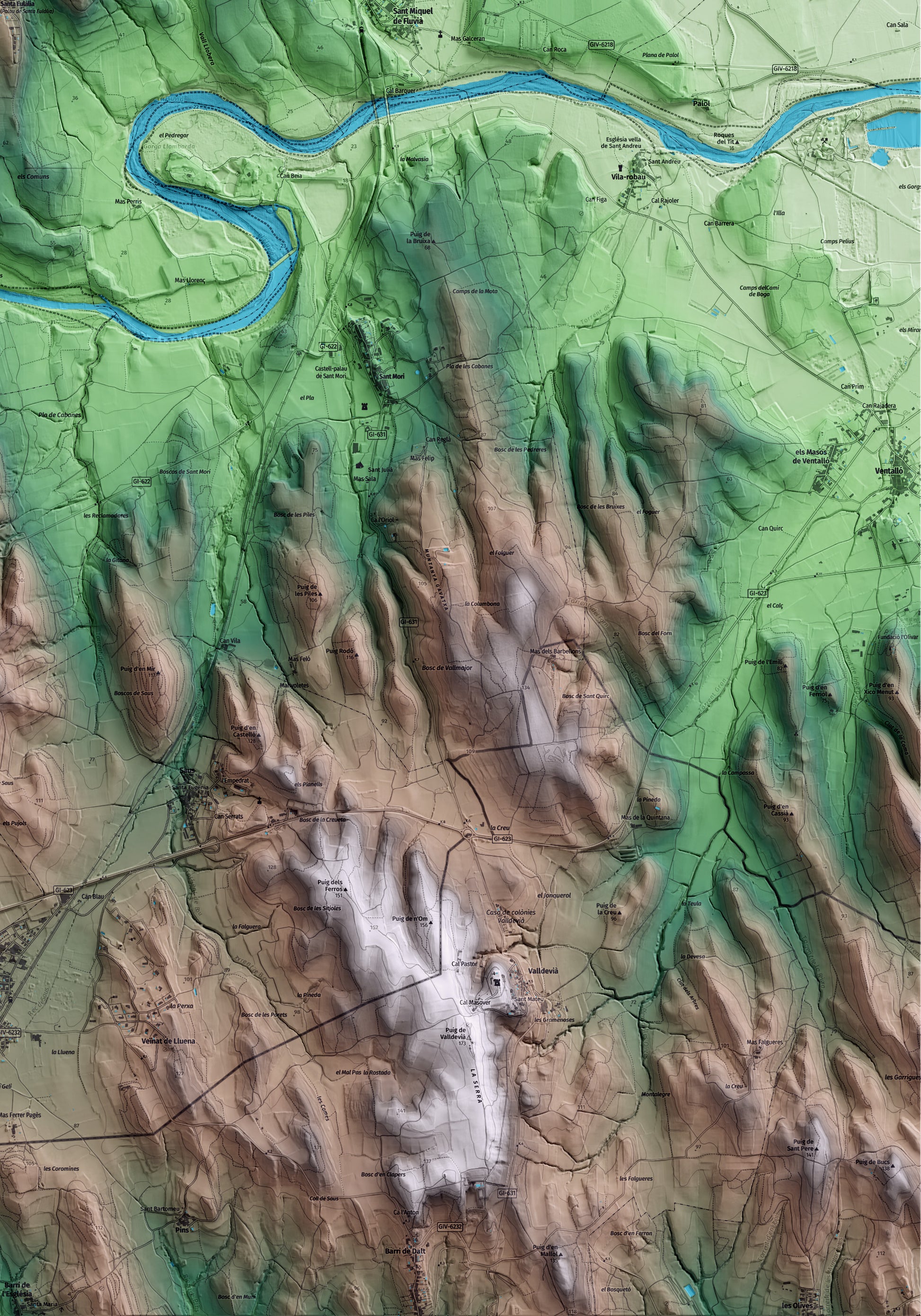 Mapa artístico del relieve de Palau de Santa Eulàlia, al Alt Empordà, con 15 km de entorno y base topográfica ICGC. Detalle de la zona inferior derecha.