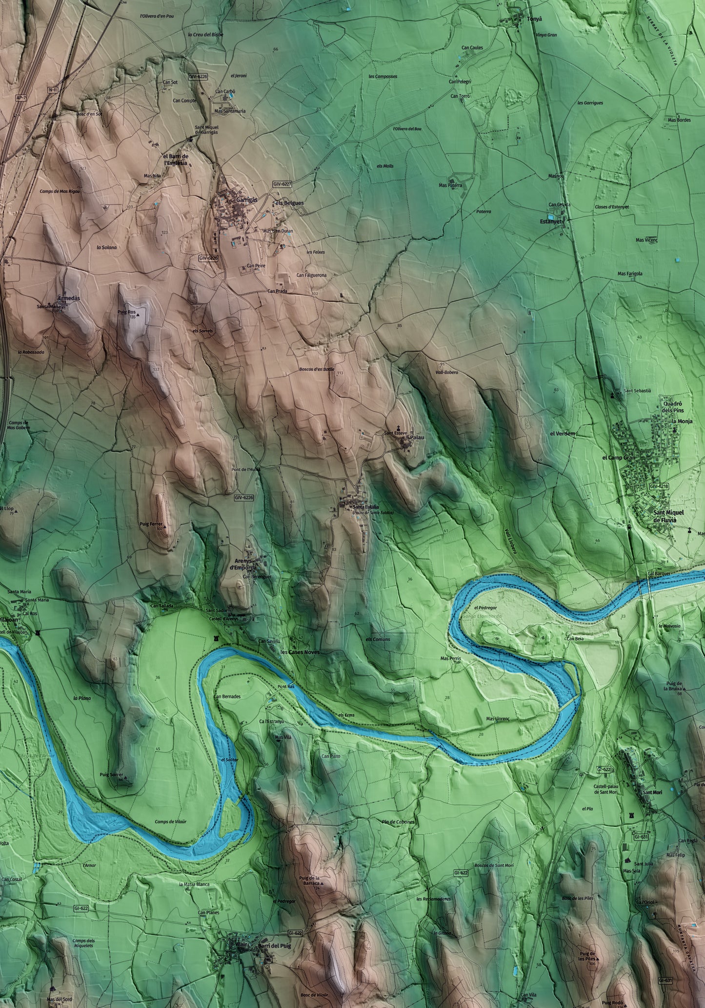 Mapa artístico del relieve de Palau de Santa Eulàlia, al Alt Empordà, con 15 km de entorno y base topográfica ICGC. Detalle de la zona central.
