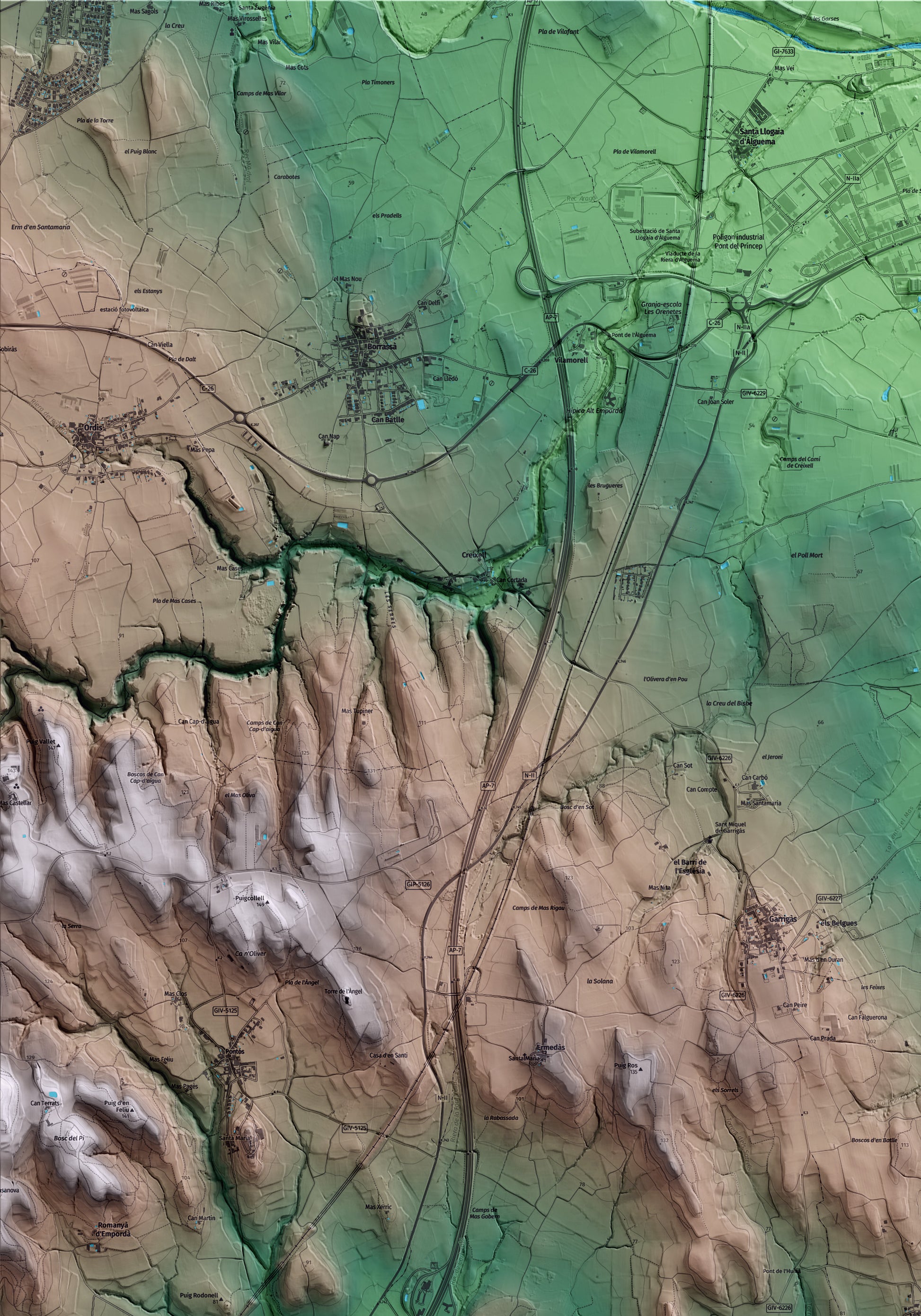 Mapa artístico del relieve de Palau de Santa Eulàlia, al Alt Empordà, con 15 km de entorno y base topográfica ICGC. Detalle de la zona superior izquierda.