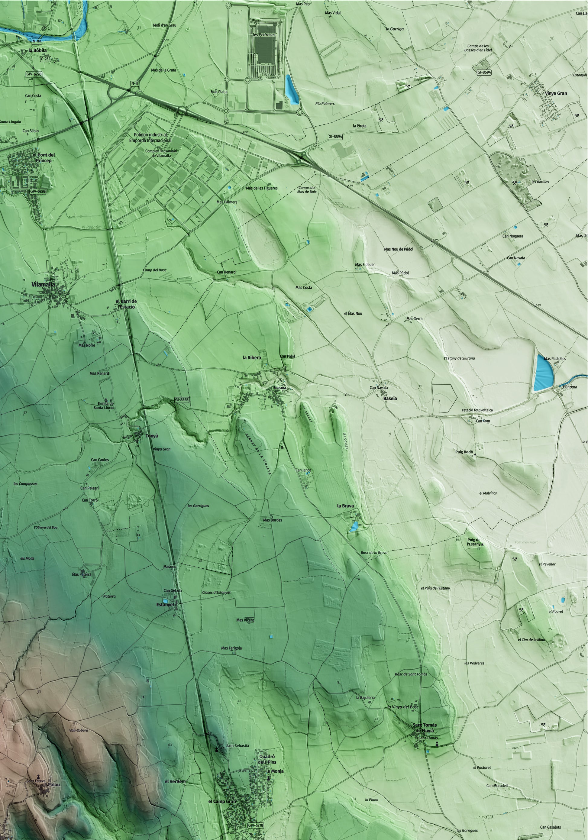 Mapa artístico del relieve de Palau de Santa Eulàlia, al Alt Empordà, con 15 km de entorno y base topográfica ICGC. Detalle de la zona superior derecha.