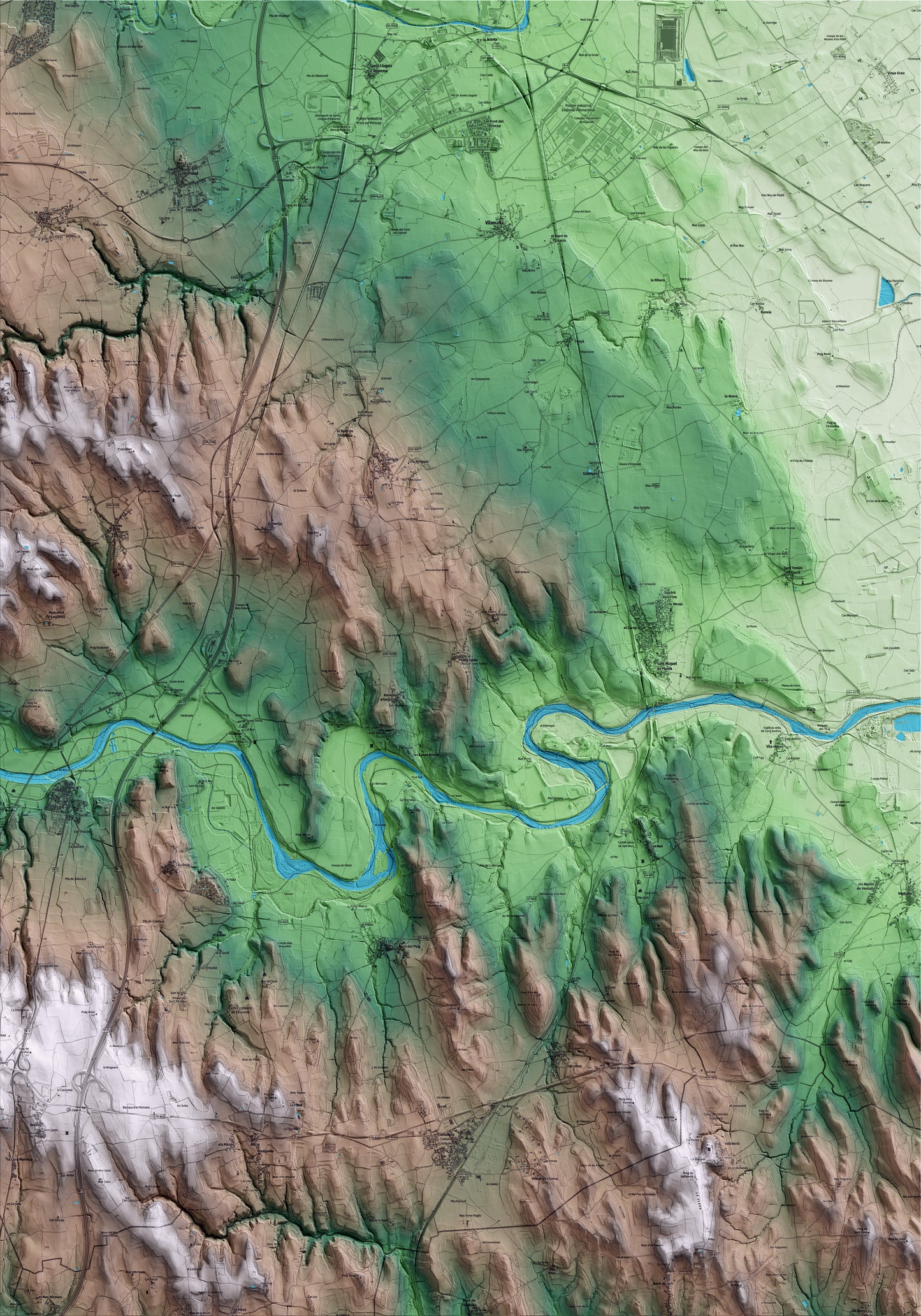 Mapa artístico del relieve de Palau de Santa Eulàlia, al Alt Empordà, con 15 km de entorno y base topográfica ICGC