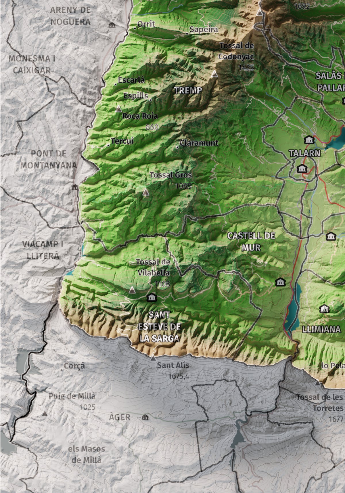 Mapa de relleu del Pallars Jussà, amb el territori en color i l’entorn en blanc. Detall de la part inferior esquerra. 21 × 30 cm. Estil Clàssic.