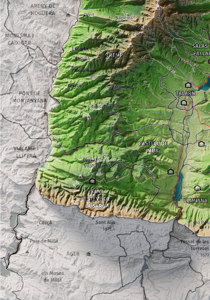 Mapa de relleu del Pallars Jussà, amb el territori en color i l’entorn en blanc. Detall de la part inferior esquerra. 21 × 30 cm. Estil Clàssic.