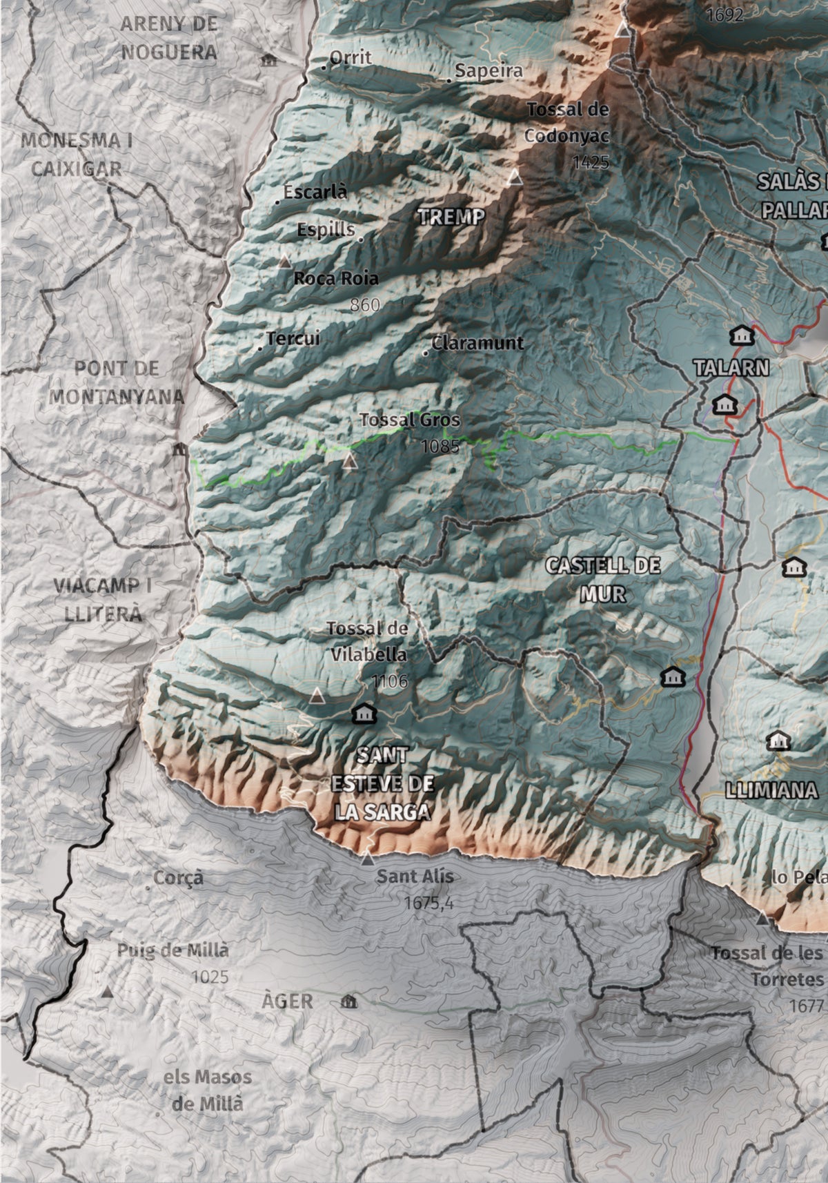 Mapa de relleu del Pallars Jussà, amb el territori en color i l’entorn en blanc. Detall de la part inferior esquerra. 21 × 30 cm. Estil Blau i taronja.