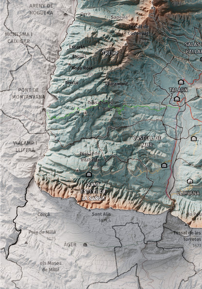 Mapa de relleu del Pallars Jussà, amb el territori en color i l’entorn en blanc. Detall de la part inferior esquerra. 21 × 30 cm. Estil Blau i taronja.