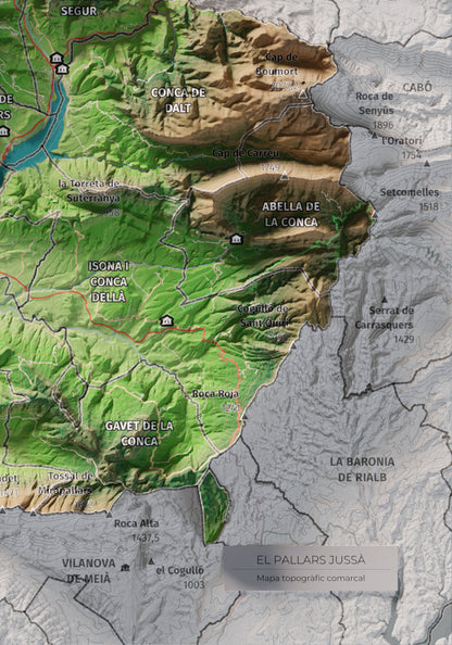 Mapa de relleu del Pallars Jussà, amb el territori en color i l’entorn en blanc. Detall de la part inferior dreta. 21 × 30 cm. Estil Clàssic.