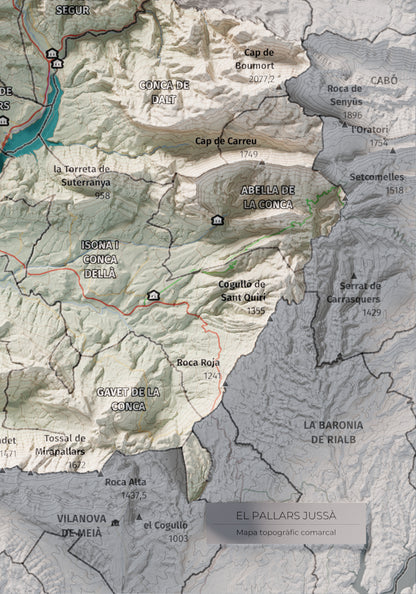 Mapa de relleu del Pallars Jussà, amb el territori en color i l’entorn en blanc. Detall de la part inferior dreta. 21 × 30 cm. Estil Cartogràfic.