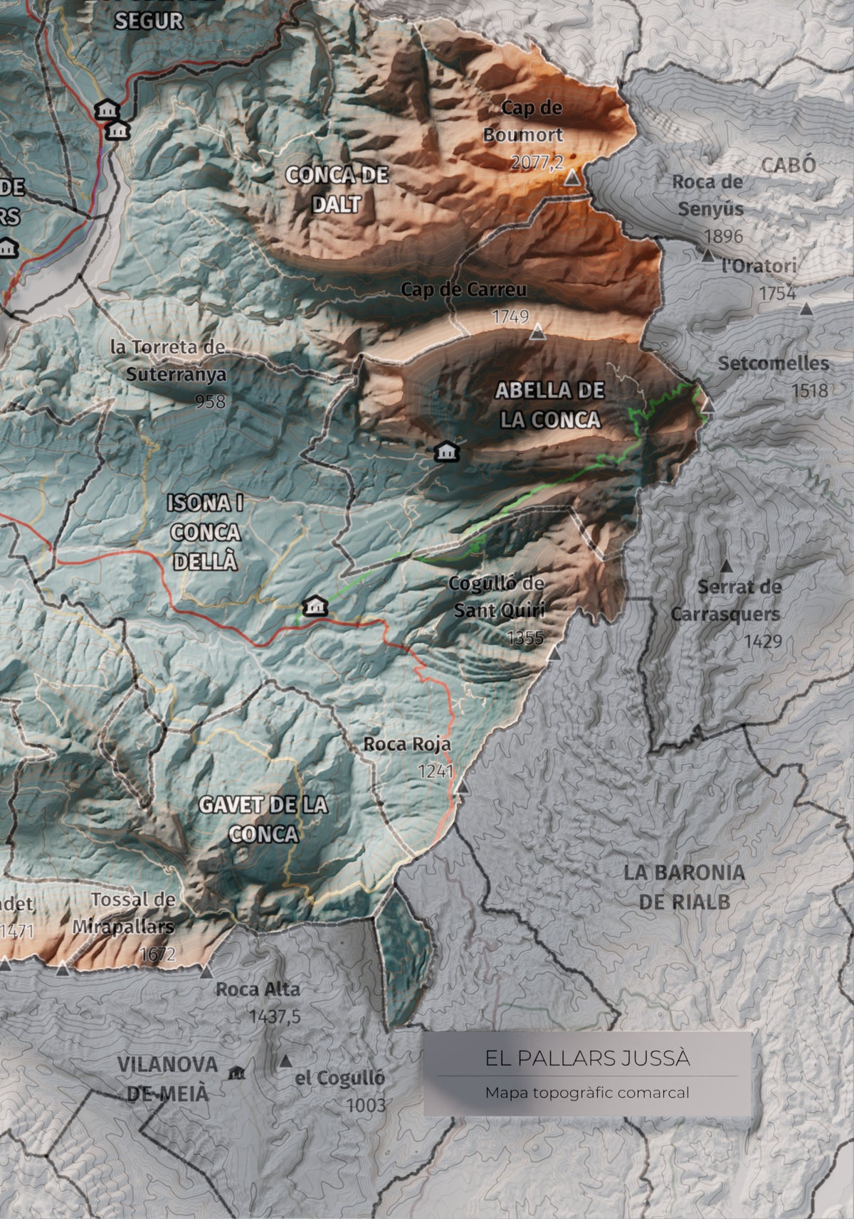 Mapa de relleu del Pallars Jussà, amb el territori en color i l’entorn en blanc. Detall de la part inferior dreta. 21 × 30 cm. Estil Blau i taronja.
