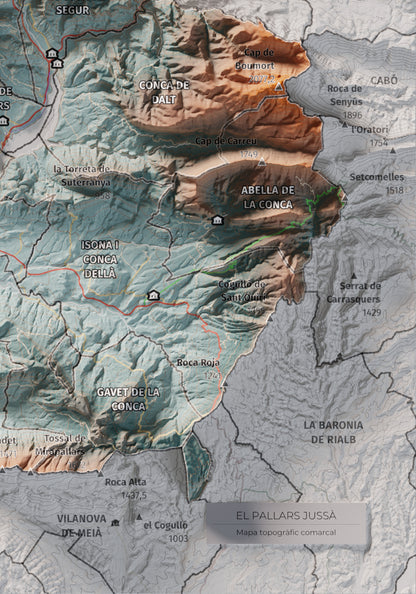 Mapa de relleu del Pallars Jussà, amb el territori en color i l’entorn en blanc. Detall de la part inferior dreta. 21 × 30 cm. Estil Blau i taronja.