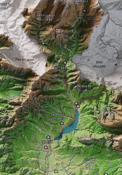 Mapa de relleu del Pallars Jussà, amb el territori en color i l’entorn en blanc. Detall de la part central. 21 × 30 cm. Estil Clàssic.