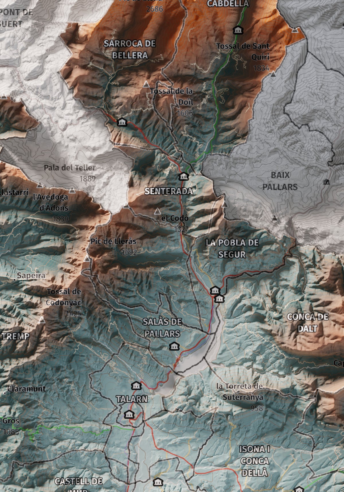 Mapa de relleu del Pallars Jussà, amb el territori en color i l’entorn en blanc. Detall de la part central. 21 × 30 cm. Estil Blau i taronja.