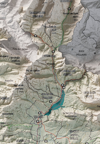 Mapa de relleu del Pallars Jussà, amb el territori en color i l’entorn en blanc. Detall de la part central. 21 × 30 cm. Estil Cartogràfic.