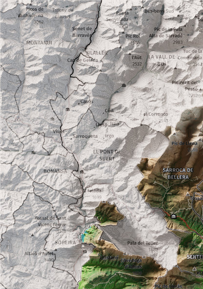 Mapa de relleu del Pallars Jussà, amb el territori en color i l’entorn en blanc. Detall de la part superior esquerra. 21 × 30 cm. Estil Clàssic.