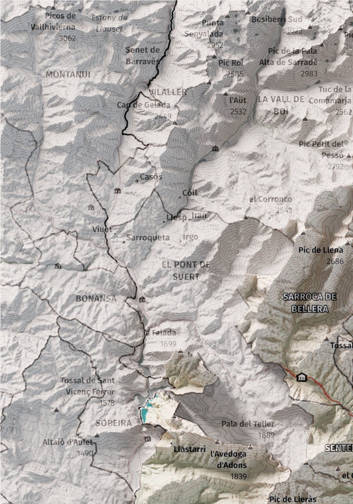 Mapa de relleu del Pallars Jussà, amb el territori en color i l’entorn en blanc. Detall de la part superior esquerra. 21 × 30 cm. Estil Cartogràfic.