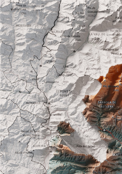 Mapa de relleu del Pallars Jussà, amb el territori en color i l’entorn en blanc. Detall de la part superior esquerra. 21 × 30 cm. Estil Blau i taronja.