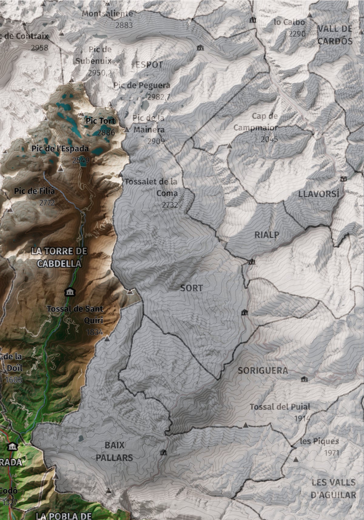 Mapa de relleu del Pallars Jussà, amb el territori en color i l’entorn en blanc. Detall de la part superior dreta. 21 × 30 cm. Estil Clàssic.