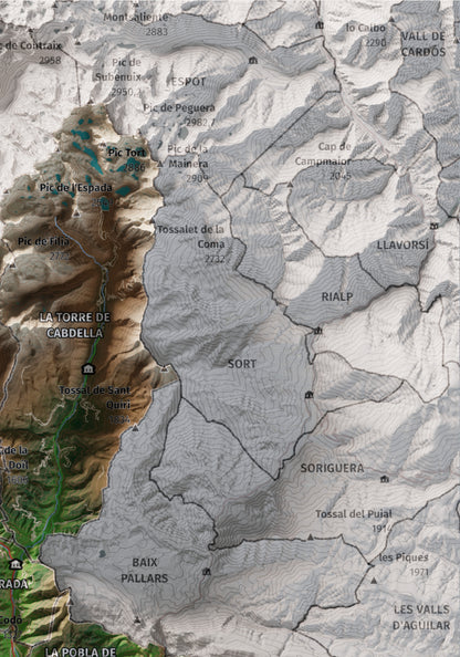 Mapa de relleu del Pallars Jussà, amb el territori en color i l’entorn en blanc. Detall de la part superior dreta. 21 × 30 cm. Estil Clàssic.