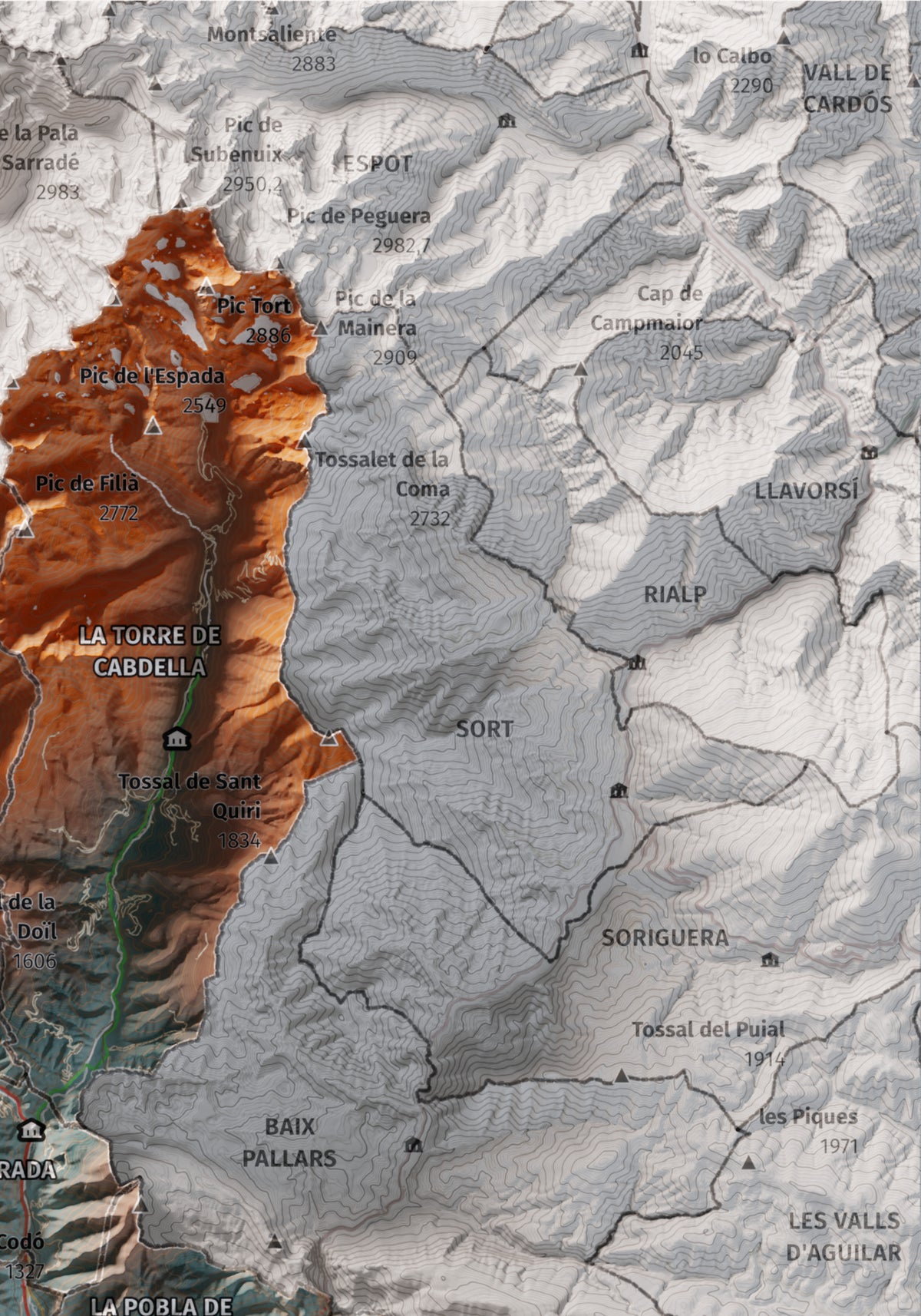 Mapa de relleu del Pallars Jussà, amb el territori en color i l’entorn en blanc. Detall de la part superior dreta. 21 × 30 cm. Estil Blau i taronja.