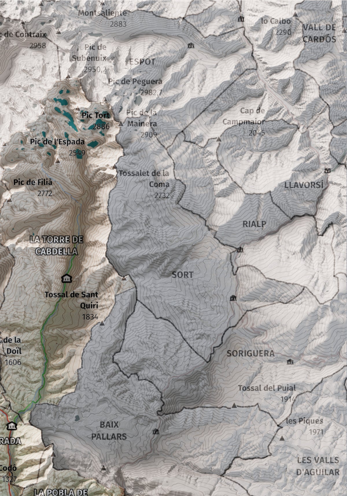 Mapa de relleu del Pallars Jussà, amb el territori en color i l’entorn en blanc. Detall de la part superior dreta. 21 × 30 cm. Estil Cartogràfic.