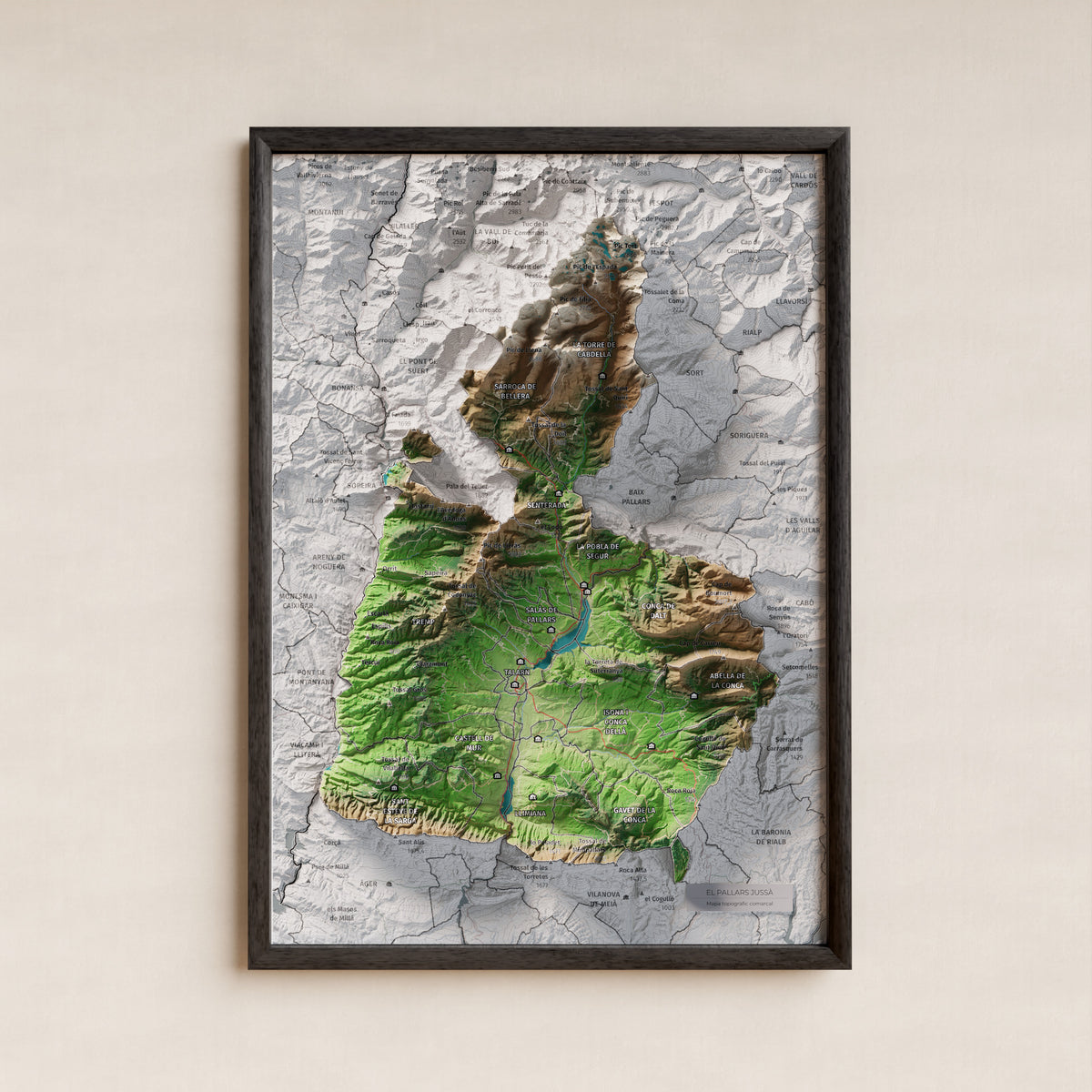 Mapa de relleu del Pallars Jussà, amb el territori en color i l’entorn en blanc. Presentació amb marc. 21 × 30 cm. Estil Clàssic.