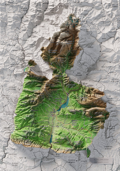 Mapa de relleu del Pallars Jussà, amb el territori en color i l’entorn en blanc. Vista completa de la làmina. 21 × 30 cm. Estil Clàssic.