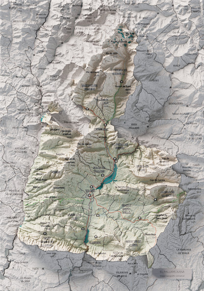Mapa de relleu del Pallars Jussà, amb el territori en color i l’entorn en blanc. Vista completa de la làmina. 21 × 30 cm. Estil Cartogràfic.