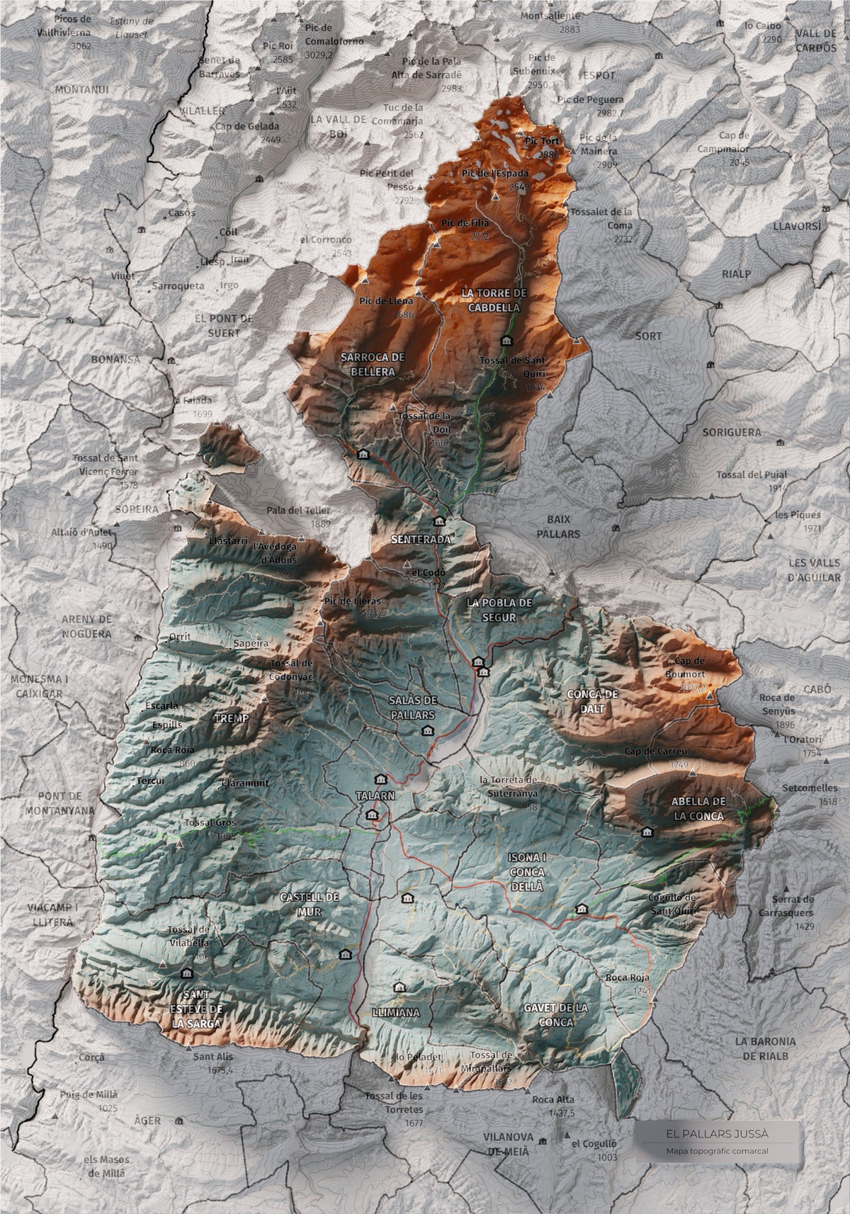 Mapa de relleu del Pallars Jussà, amb el territori en color i l’entorn en blanc. Vista completa de la làmina. 21 × 30 cm. Estil Blau i taronja.