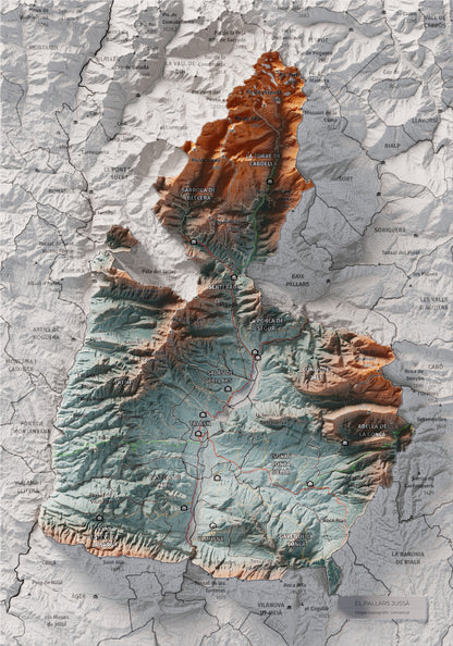 Mapa de relleu del Pallars Jussà, amb el territori en color i l’entorn en blanc. Vista completa de la làmina. 21 × 30 cm. Estil Blau i taronja.