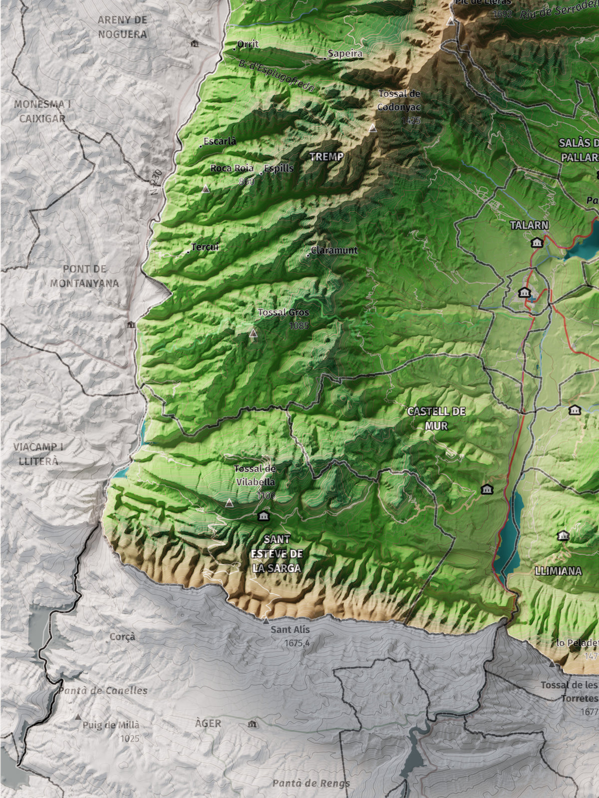 Mapa de relleu del Pallars Jussà, amb el territori en color i l’entorn en blanc. Detall de la part inferior esquerra. 30 × 40 cm. Estil Clàssic.