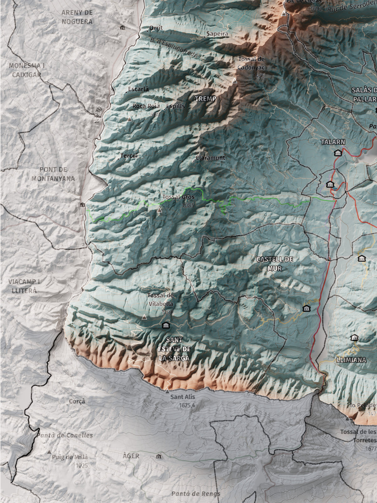 Mapa de relleu del Pallars Jussà, amb el territori en color i l’entorn en blanc. Detall de la part inferior esquerra. 30 × 40 cm. Estil Blau i taronja.