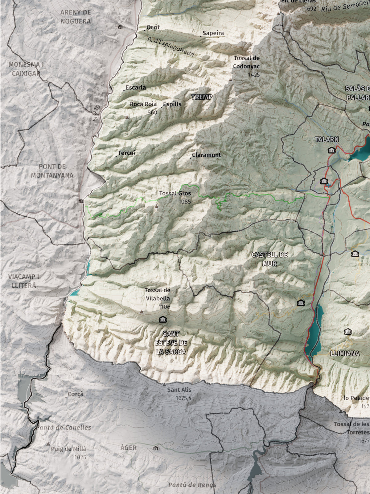 Mapa de relleu del Pallars Jussà, amb el territori en color i l’entorn en blanc. Detall de la part inferior esquerra. 30 × 40 cm. Estil Cartogràfic.