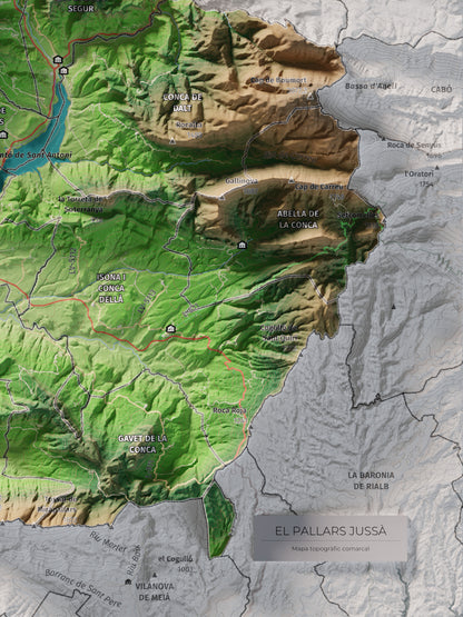 Mapa de relleu del Pallars Jussà, amb el territori en color i l’entorn en blanc. Detall de la part inferior dreta. 30 × 40 cm. Estil Clàssic.