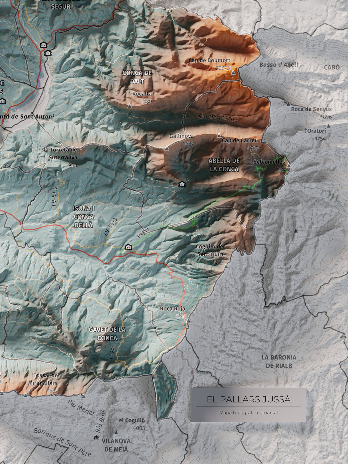Mapa de relleu del Pallars Jussà, amb el territori en color i l’entorn en blanc. Detall de la part inferior dreta. 30 × 40 cm. Estil Blau i taronja.