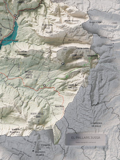 Mapa de relleu del Pallars Jussà, amb el territori en color i l’entorn en blanc. Detall de la part inferior dreta. 30 × 40 cm. Estil Cartogràfic.
