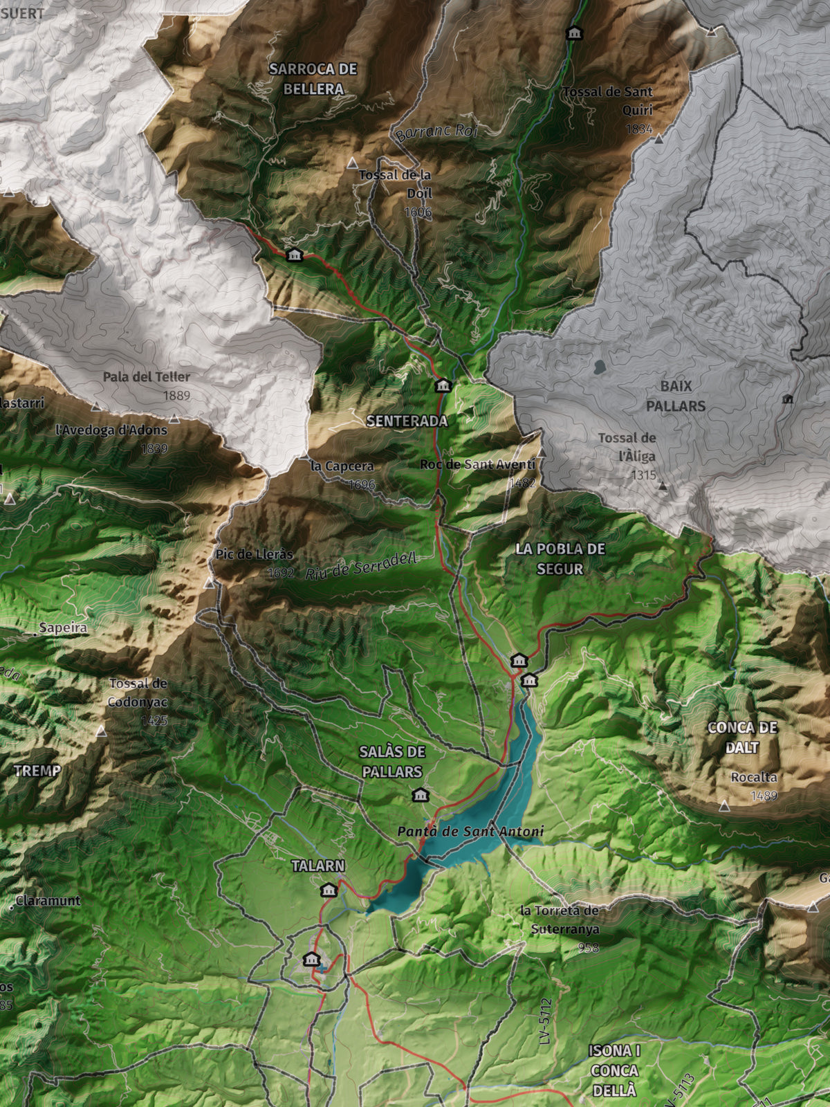 Mapa de relleu del Pallars Jussà, amb el territori en color i l’entorn en blanc. Detall de la part central. 30 × 40 cm. Estil Clàssic.