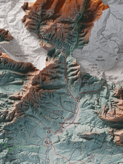 Mapa de relleu del Pallars Jussà, amb el territori en color i l’entorn en blanc. Detall de la part central. 30 × 40 cm. Estil Blau i taronja.
